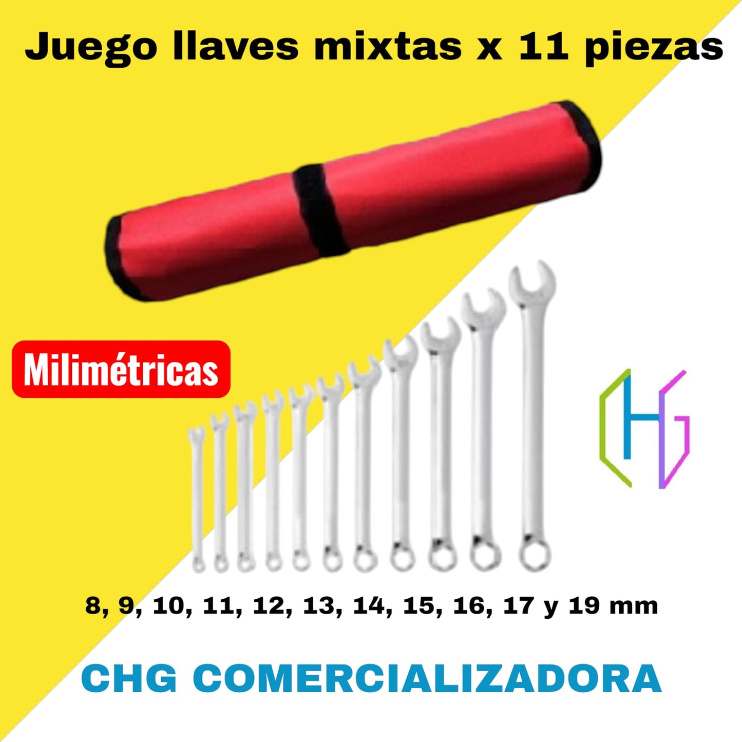 Llaves milimétricas x 11 piezas (8, 9, 10, 11, 12, 13, 14, 15, 16, 17 y 19 mm)