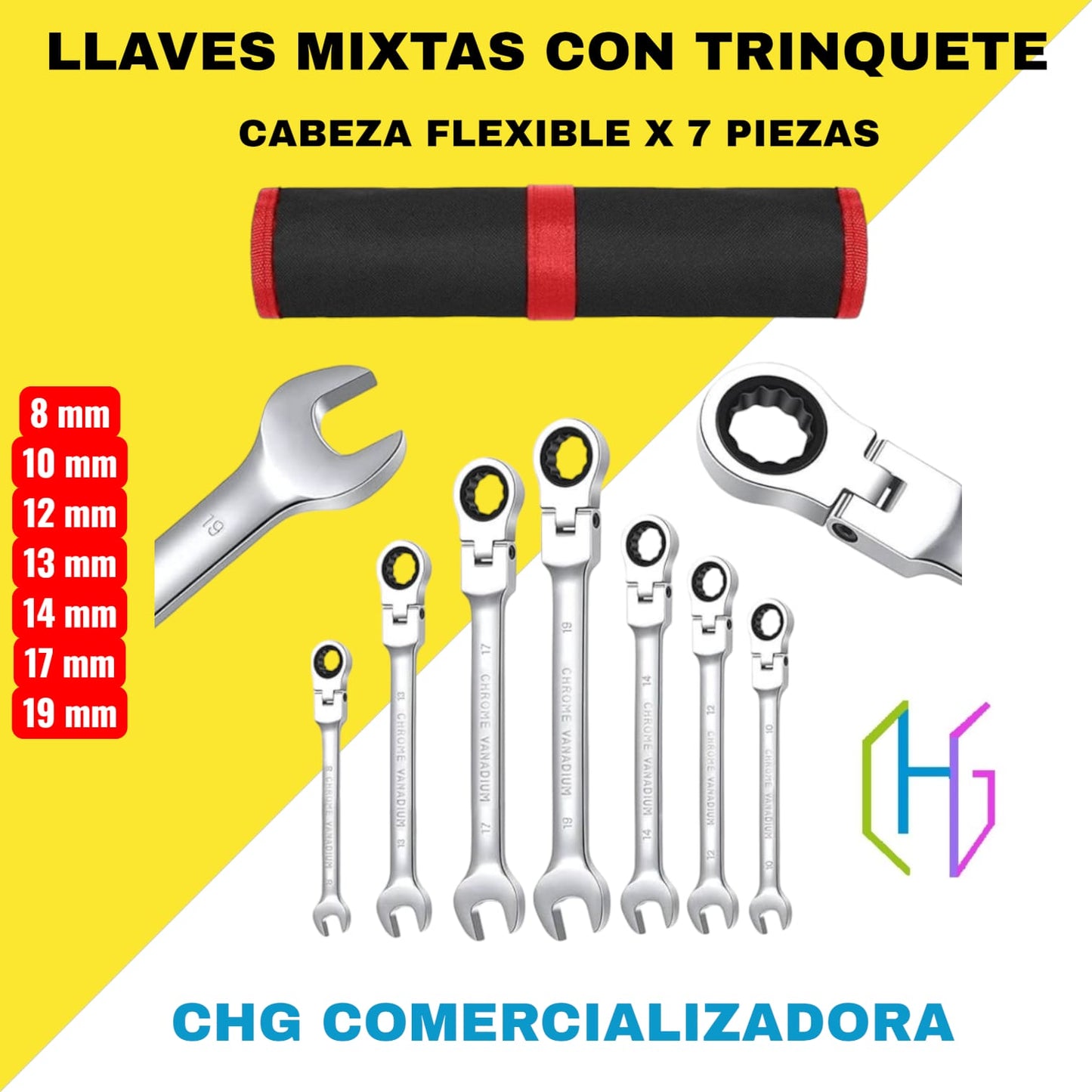 Llaves Rachet Cabezal Flexible X 7 Piezas + Estuche en lona