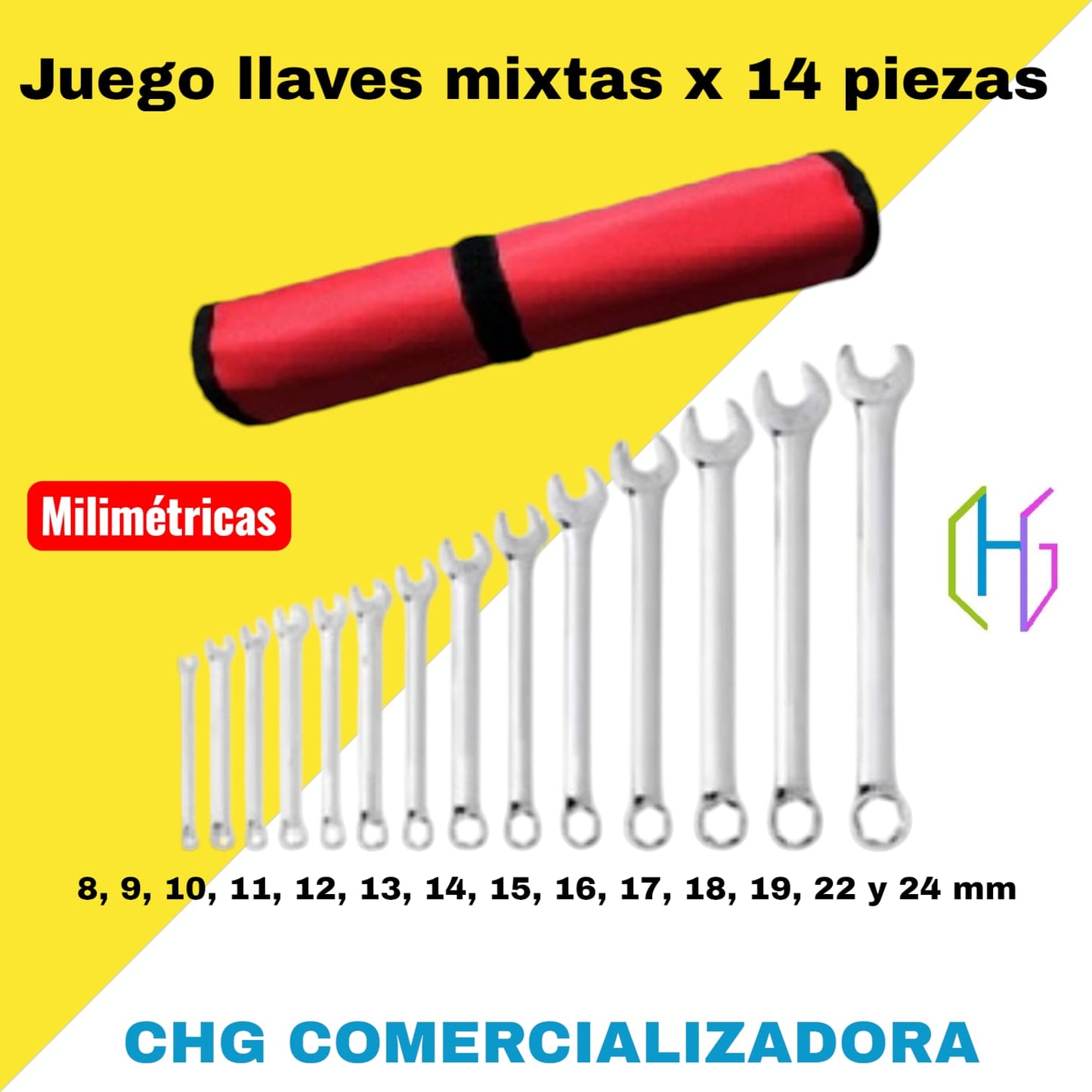 Llaves milimétricas x 14 piezas (8,9,10,11,12,13,14,15,16,17,18,19,22 y 24 mm)