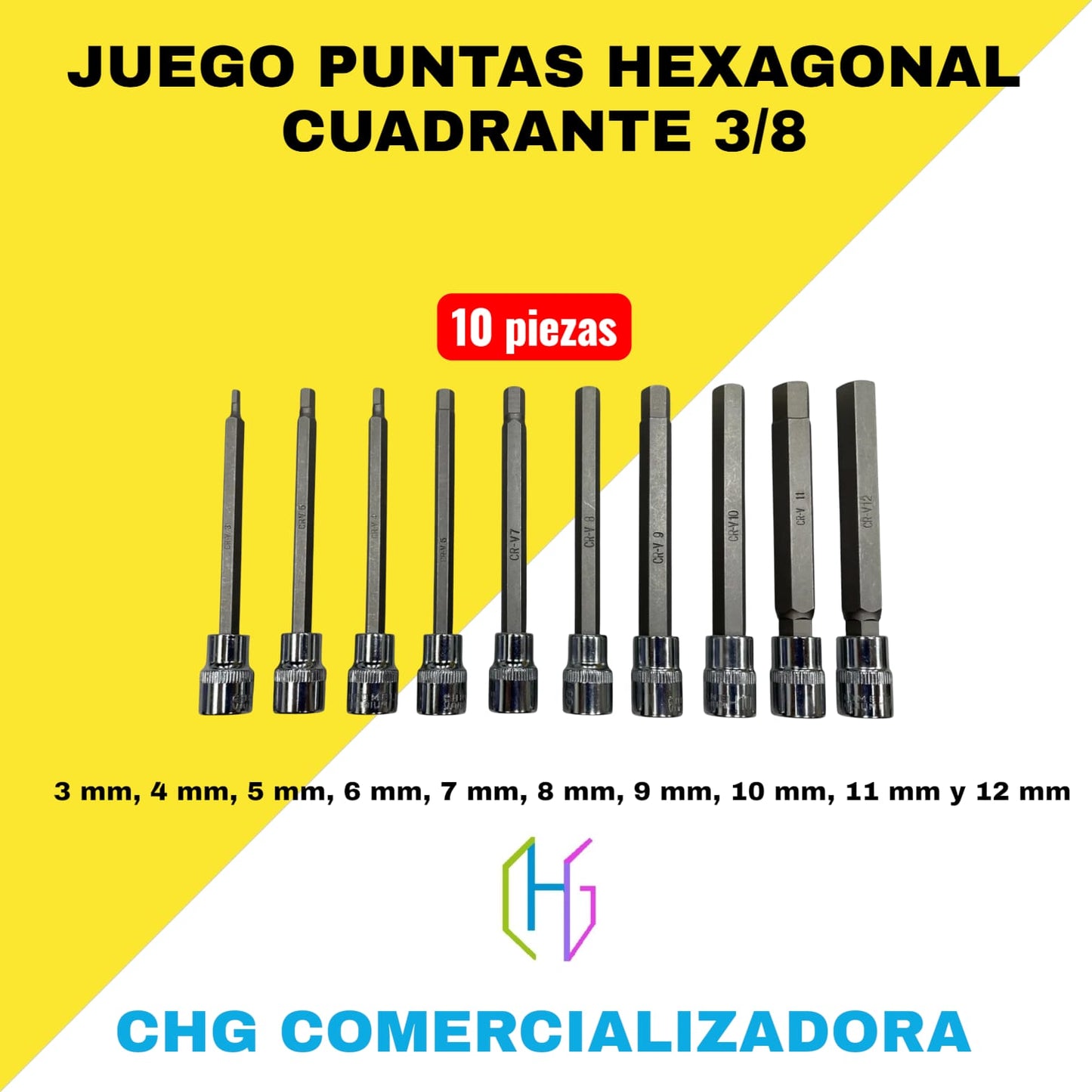 Copas puntas Allen Hexagonales cuadrante 3/8 X 10 Piezas - Brickell