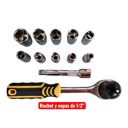 Rachet 1/2" + 10 copas y extension (12 piezas)