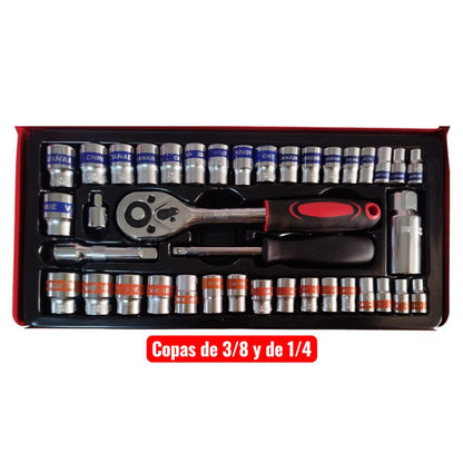 Caja de 40 piezas Rachet de 3/8 con copas 3/8 y 1/4