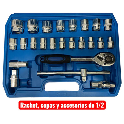 Caja 37 Piezas Rachet de 1/2 con copas y 12 llaves mixtas